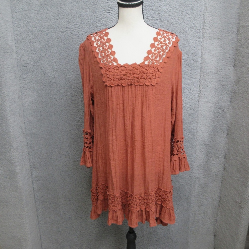 Indigo Soul Crochet Dress Womens XL Rust Orange‎ Bell Sleeve Boho Peplum Flowy